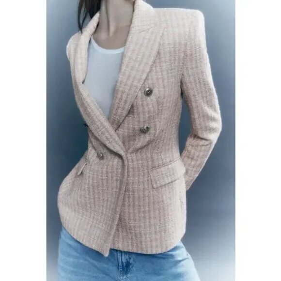 Zara Textured Tweed Double Breasted Blazer Light Pink Silver Tweed. M. NWT - Picture 4 of 10